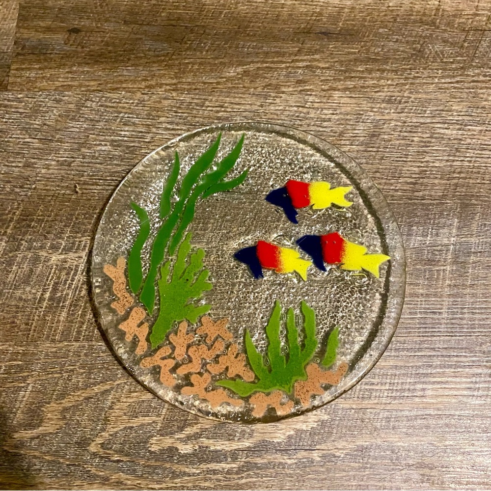 Peggy Karr Fused Art Glass Nautical Fish Coral Reef 8” Decorative Plate Dish